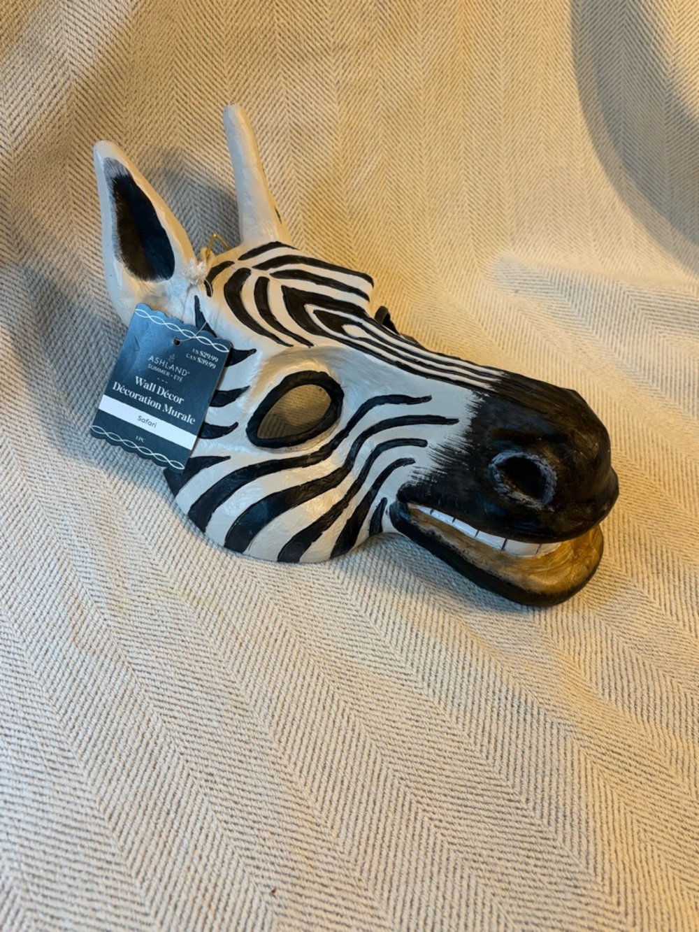 Ashland Hand-Painted Zebra Wall Mask in White, Black and Gold